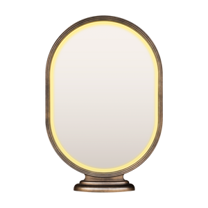 A mockup of a pill-shaped mirror with a bronze frame. The mirror glass has an LED lit ring around the edge and is supported by a tiered base so it can be secured to a  flat surface. 