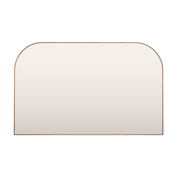 A mockup of a rectangular mirror where the top two corners are very rounded. A very thin frame runs around the glass and is the colour of brass. 