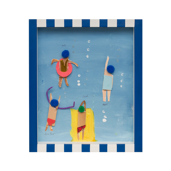 Family Swimming Scene in a Striped Blue Frame