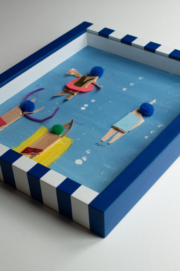 Family Swimming Scene in a Striped Blue Frame