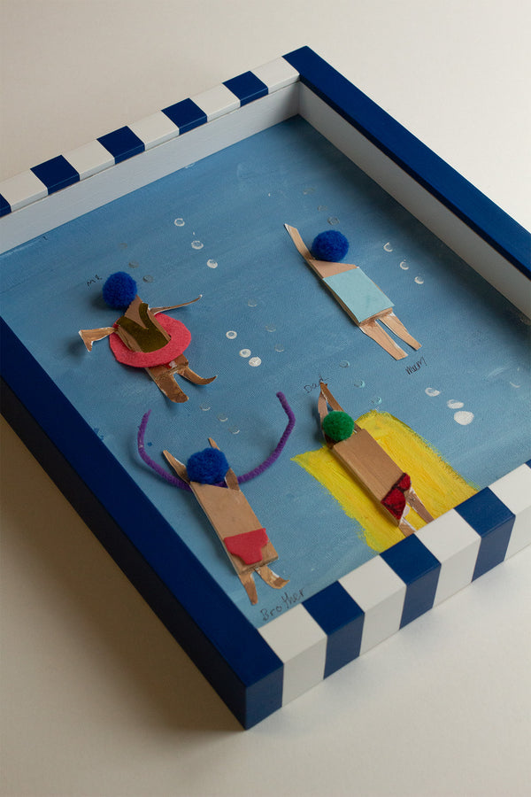 Family Swimming Scene in a Striped Blue Frame