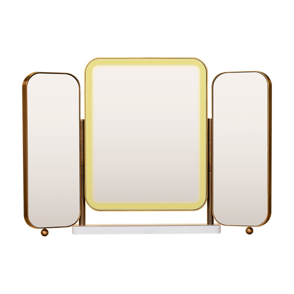 Brass Metal LED Lit Triptych Mirror