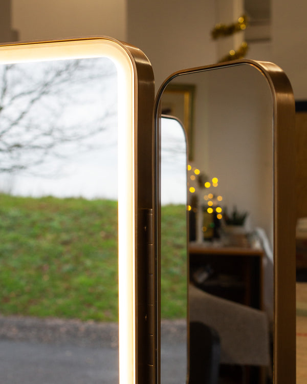 Brass Metal LED Lit Triptych Mirror