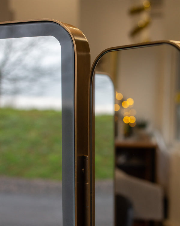 Brass Metal LED Lit Triptych Mirror