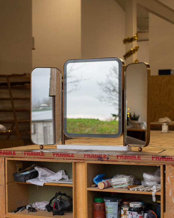 Brass Metal LED Lit Triptych Mirror