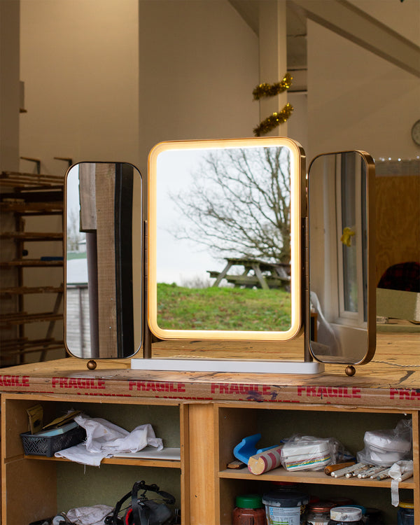 Brass Metal LED Lit Triptych Mirror