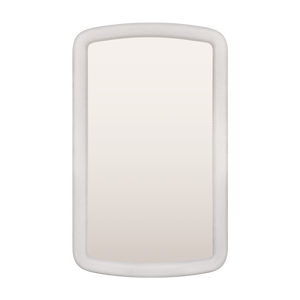 A white mirror with rounded corners. Delicate black cracks run through the frame's finish. 