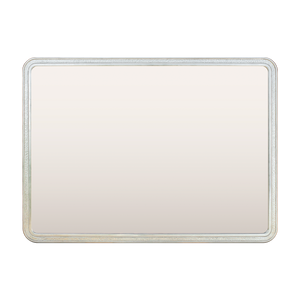 A mockup of a mirror finished in a gilded frame in beaten white gold with rounded corners. 