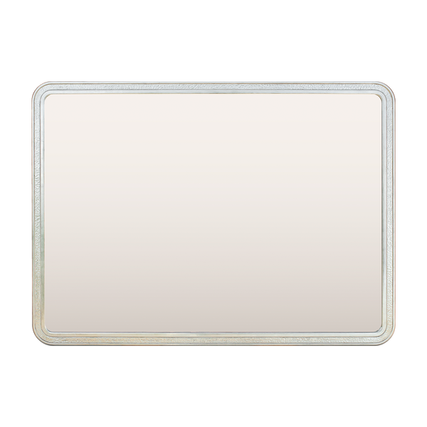 A mockup of a mirror finished in a gilded frame in beaten white gold with rounded corners. 