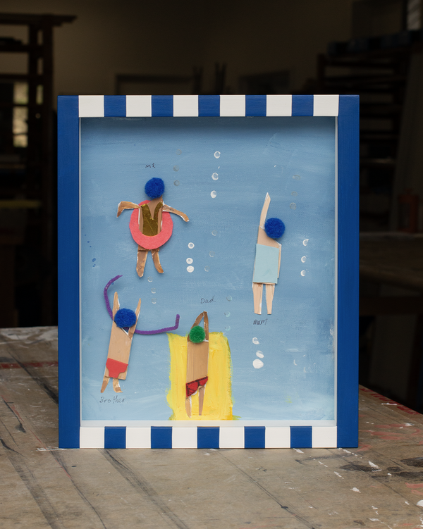 Family Swimming Scene in a Striped Blue Frame