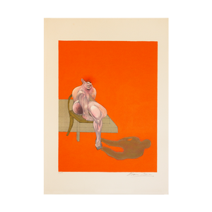 Francis Bacon Triptych 1983 left signed lithograph, edition 141 of 180, featuring a sitting figure with a shadow on an red-orange backround