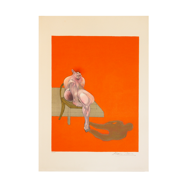 Francis Bacon Triptych 1983 left signed lithograph, edition 141 of 180, featuring a sitting figure with a shadow on an red-orange backround
