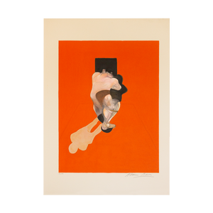 Francis Bacon Triptych 1983 central signed lithograph, edition 141 of 180, featuring a sitting figure with a shadow on an red-orange backround.