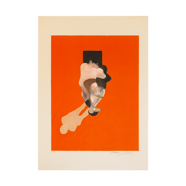 Francis Bacon Triptych 1983 central signed lithograph, edition 141 of 180, featuring a sitting figure with a shadow on an red-orange backround.