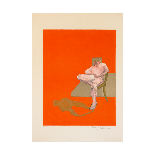 Francis Bacon Triptych 1983 right signed lithograph, edition 141 of 180, featuring a sitting figure with a shadow on an red-orange backround
