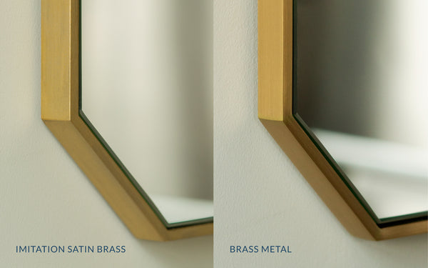 A side-by-side comparison of our Kingscote Mirror corners finished in imitation satin brass and brass metal. 