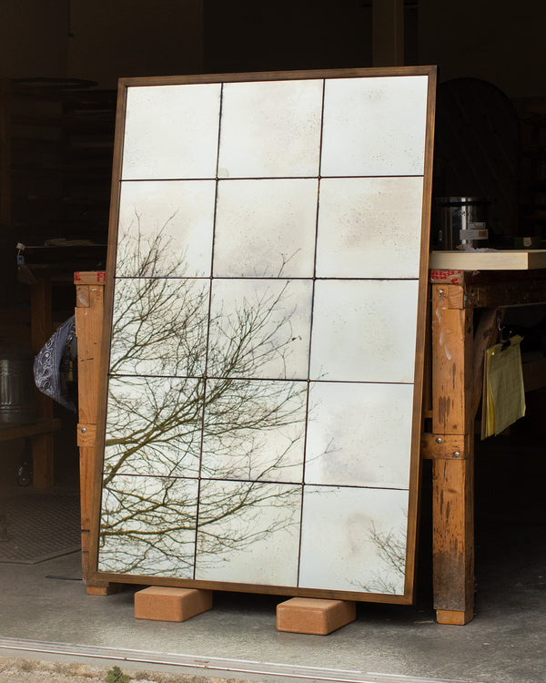 Foxed Antique Panelled Mirror in Imitation Antique Brushed Brass