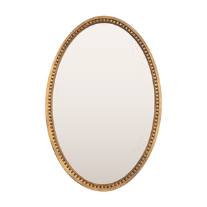 A mockup of an imitation brass oval shaped mirror with a bobbin detail running along the inside of the frame. The mirror glass is lightly antiqued with heavier antiquing along the edges. 