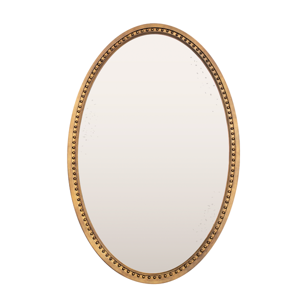 A mockup of an imitation brass oval shaped mirror with a bobbin detail running along the inside of the frame. The mirror glass is lightly antiqued with heavier antiquing along the edges. 