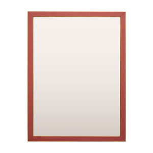 A mockup of a thin light brushed brass frame with hand-wrapped red faux leather inlays, which frame a mirror. 
