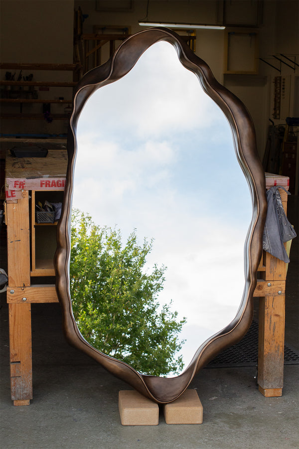 Hand-Carved Shaped Mirror in Bronze