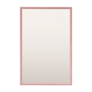 A rectangular mirror painted light pink with a round, bobbin detail that runs along the entire length of the face of the frame. 