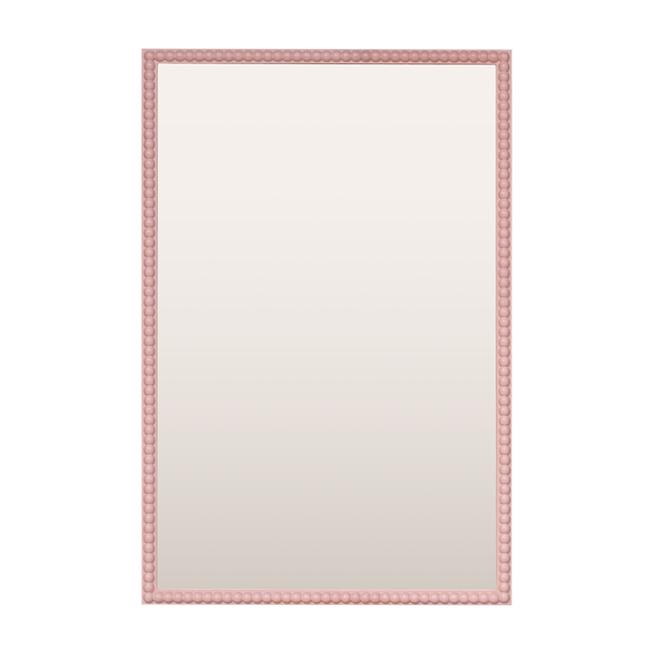 A rectangular mirror painted light pink with a round, bobbin detail that runs along the entire length of the face of the frame. 