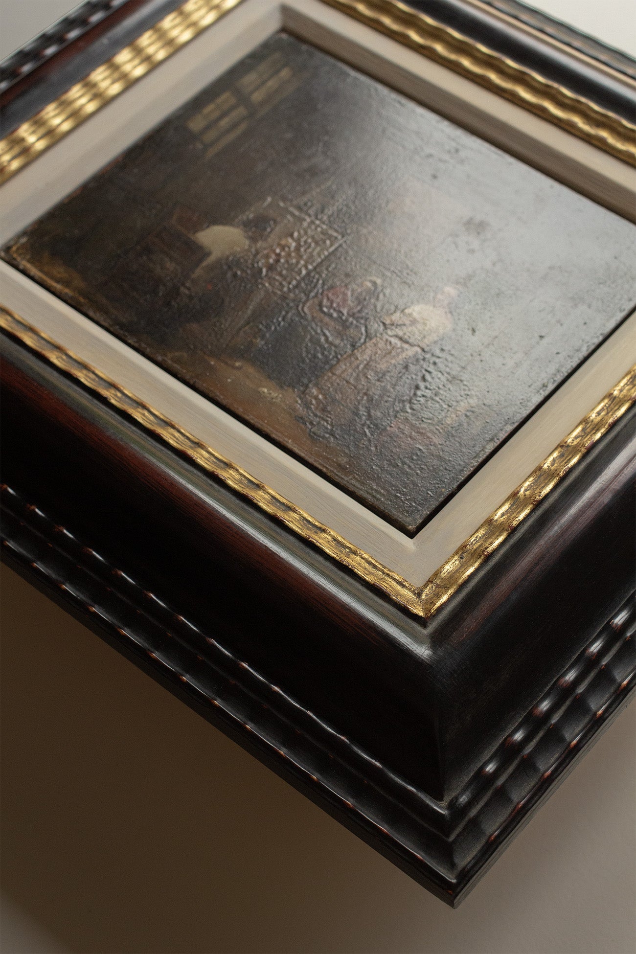 Small Oil Painting in a Distressed Black Frame – Patrick Ireland Frames
