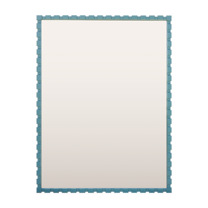 A mockup of a teal-coloured mirror. The frame is made using a dentil profile, which has raised rectangular sections evenly spaced along the frame. 