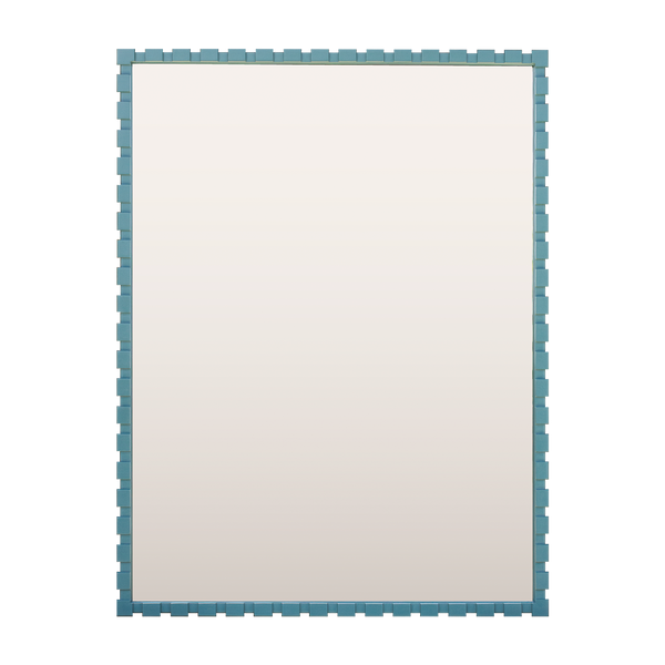 A mockup of a teal-coloured mirror. The frame is made using a dentil profile, which has raised rectangular sections evenly spaced along the frame. 