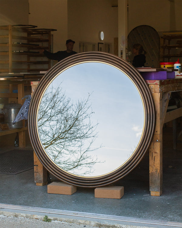 Stained Timber Round Mirror with Imitation Brass Slip