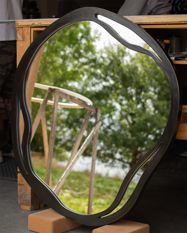Shaped Mirror with Cutouts in Distressed Black