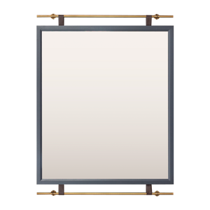 A mockup of a bespoke mirror made using a blue-stained timber flat-face frame. There are two leather straps on the top and bottom that attach to antique brass poles that will screw into the wall and give the illusion of supporting the mirror. 