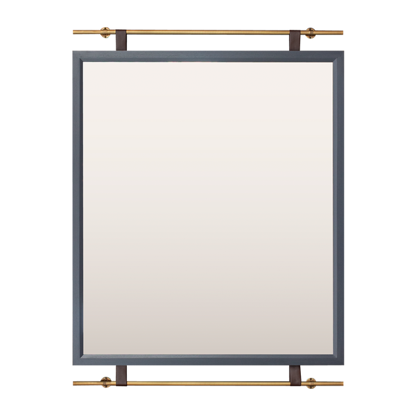 A mockup of a bespoke mirror made using a blue-stained timber flat-face frame. There are two leather straps on the top and bottom that attach to antique brass poles that will screw into the wall and give the illusion of supporting the mirror. 
