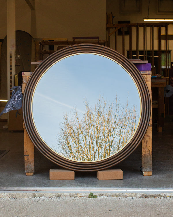 Stained Timber Round Mirror with Imitation Brass Slip