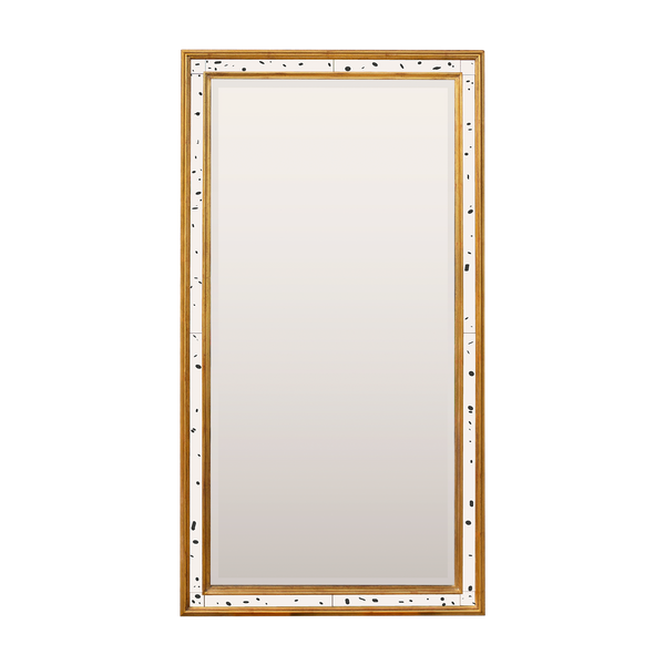 A mockup of a mirror with an antique gold frame with Venetian mirror glass inlay and a low iron bevelled central mirror. 