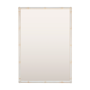 A mockup of a white-washed bamboo-framed mirror with roundel corner details. 